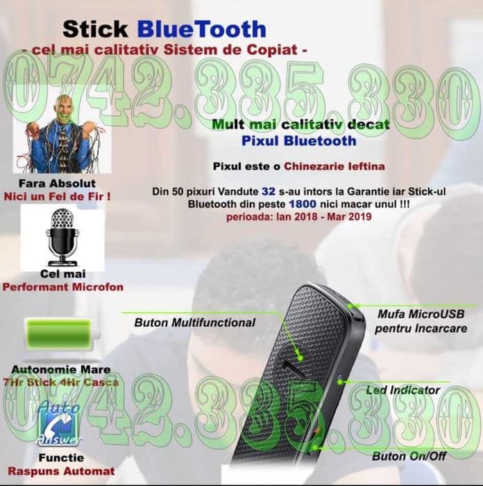Stick bluetooth Microcasca Microfon sensibil - Casti de Copiat Examene