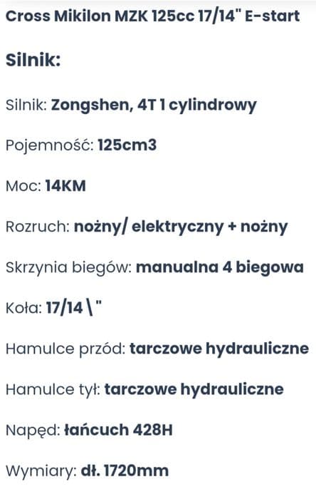 Motocykl cross MZK 125 dla dziecka e-starter b.db. stan tylko 21 mth