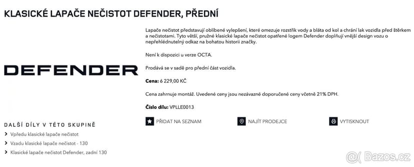 Prachovky na Land Rover Defender (originální díly - nové)