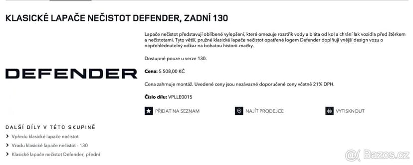 Prachovky na Land Rover Defender (originální díly - nové)