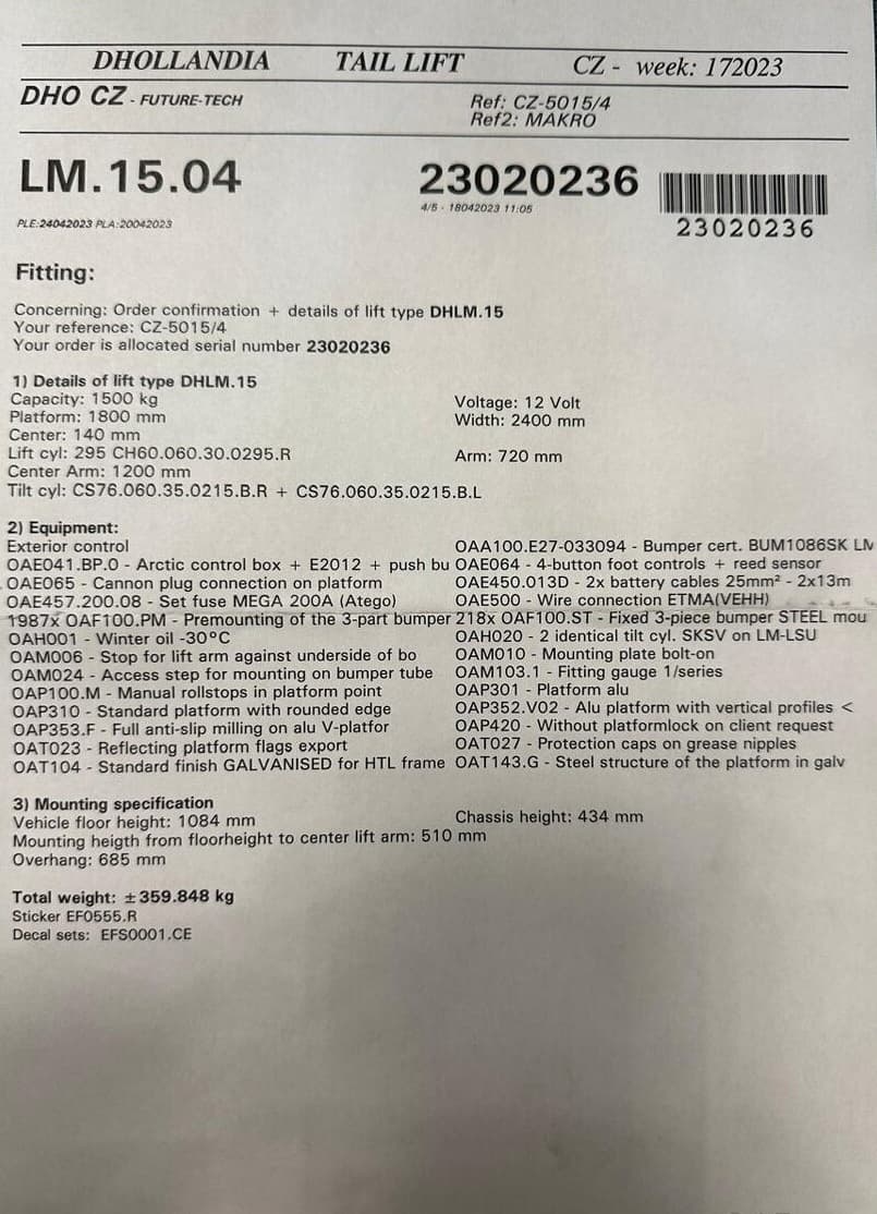 Prodám plošinu 12V Dhollandia na Iveco Daily