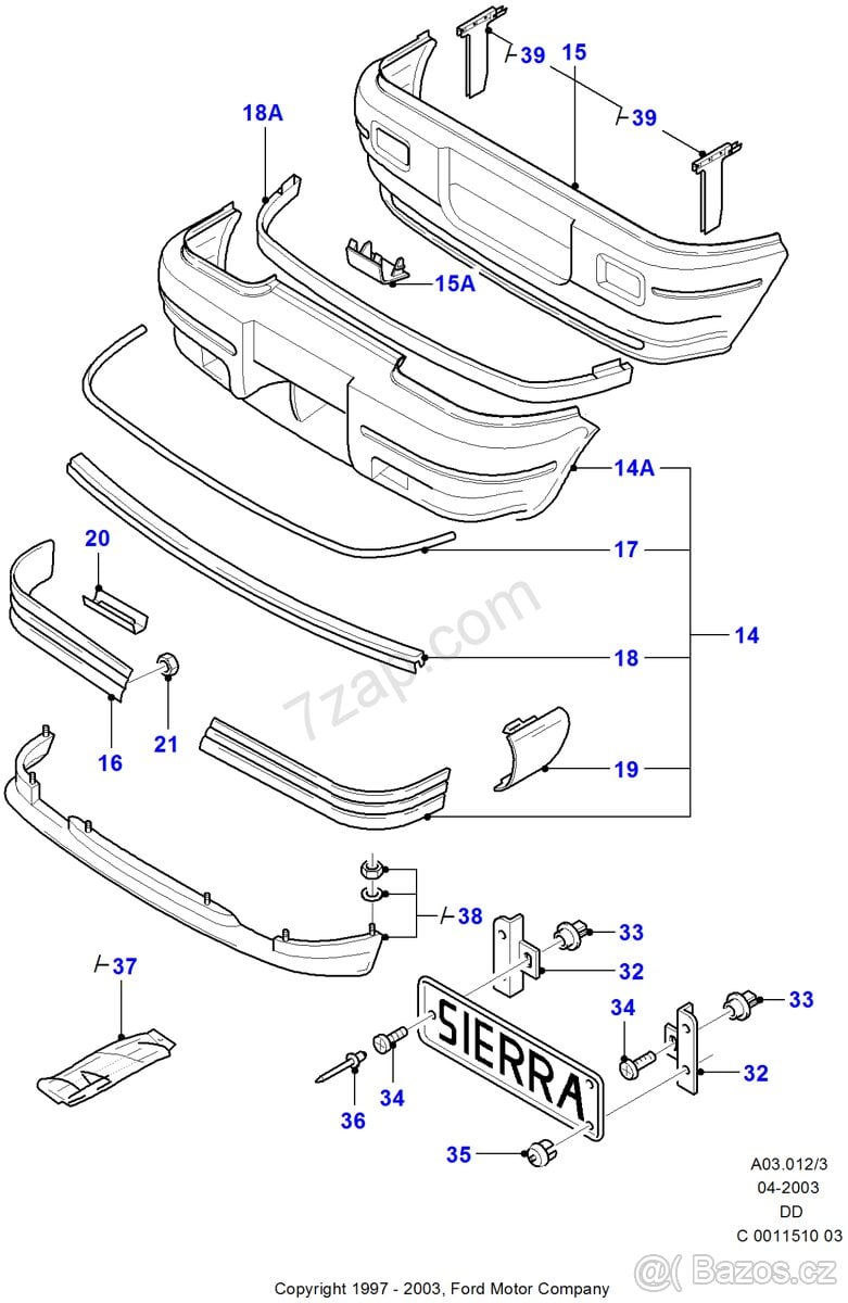 Chromové lišty obou nárazníků na Ford Sierra MK2