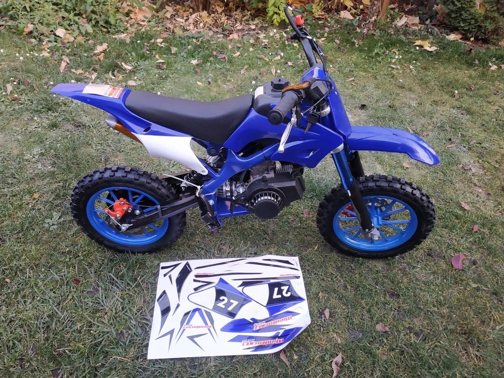 Nová benzínová dětská minikroska modrá 49ccm 10"kola