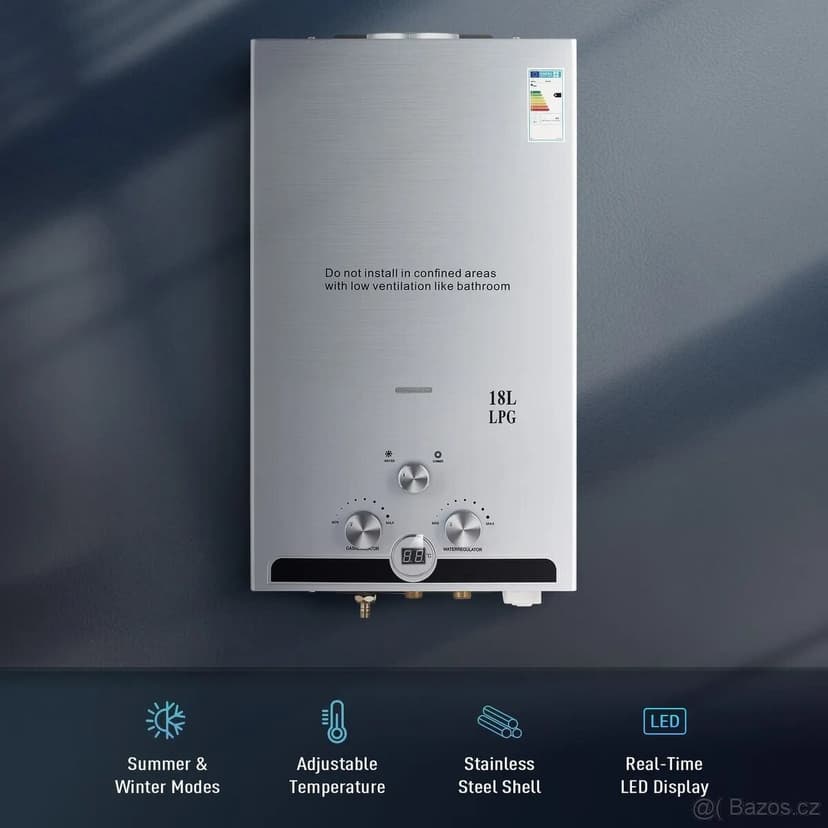 propan butan LPG karma, průtokový ohřívač, 8 až 20 litrů/min