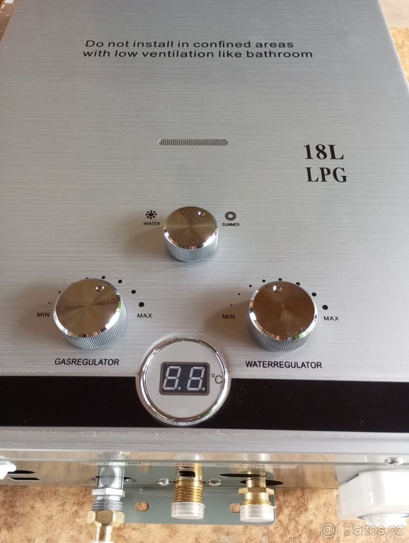 propan butan LPG karma, průtokový ohřívač, 8 až 20 litrů/min