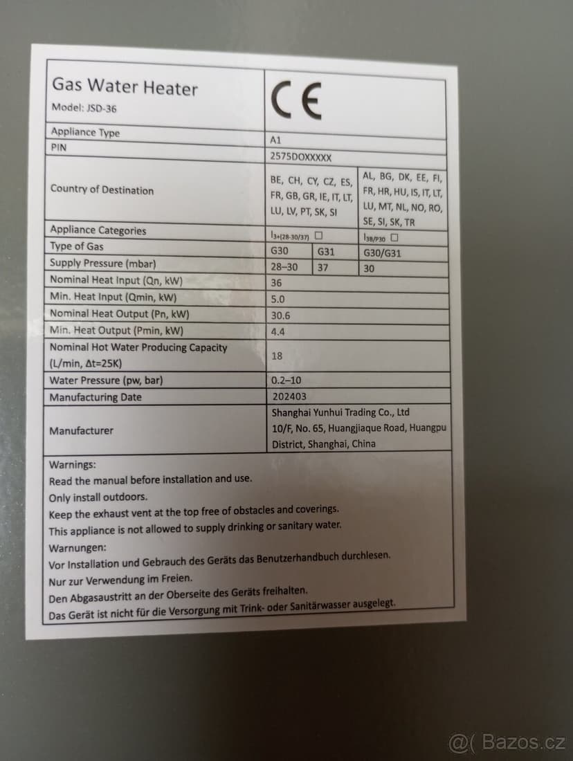 propan butan LPG karma, průtokový ohřívač, 8 až 20 litrů/min